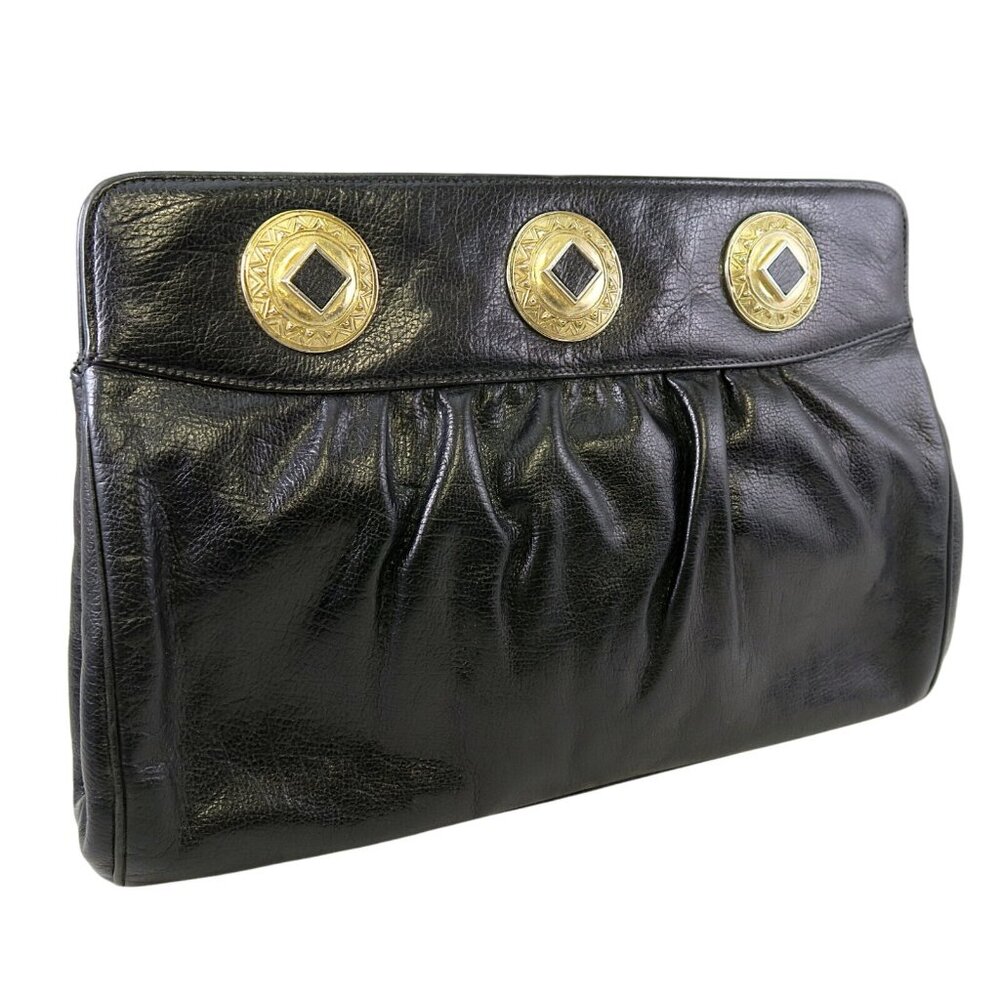 Black Leather Shoulder Bag Vintage 1980s Linda Allard Ellen Tracy Purse Clutch - Picture 2 of 7